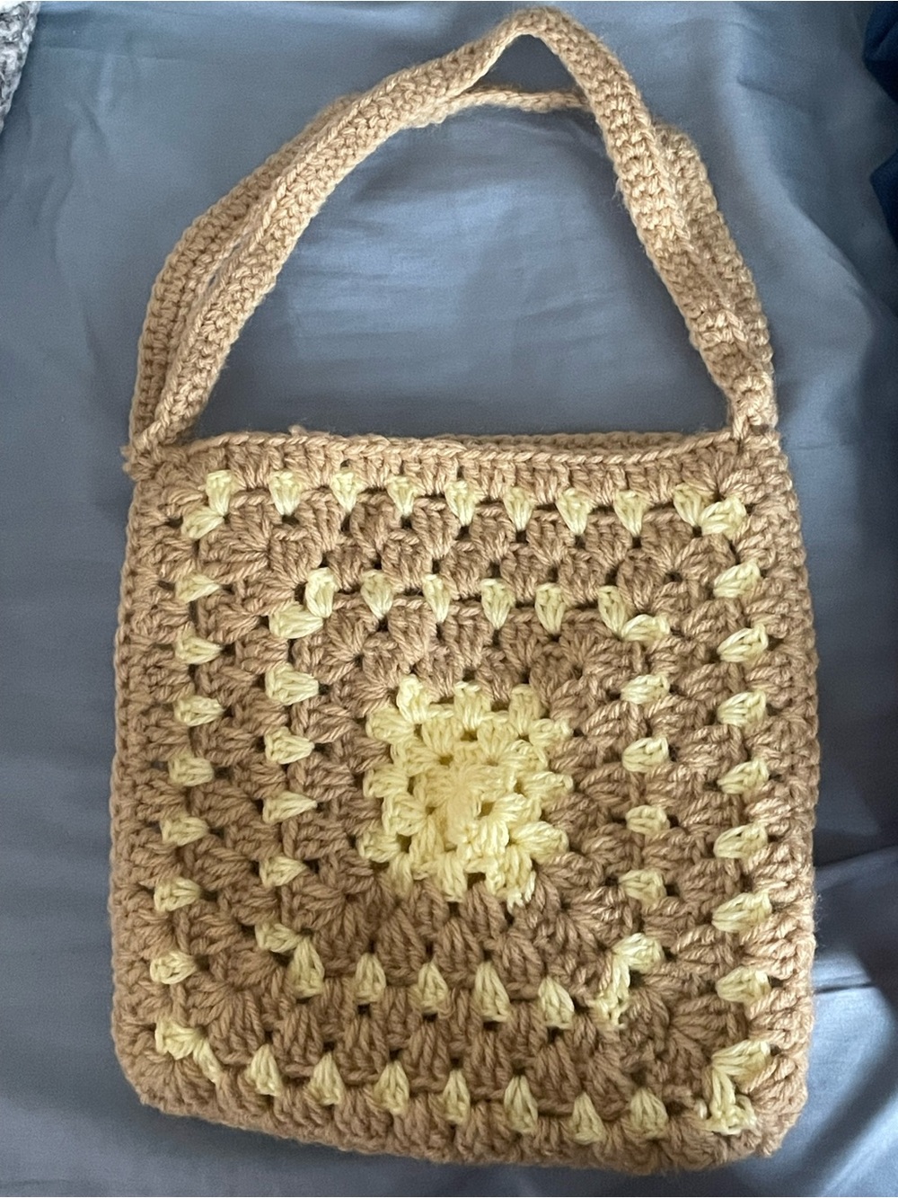 Handmade Crochet Square Tote in Light Brown and Pale Yellow